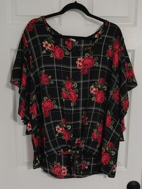 Sheer Black Plaid Sz 3XL Blouse by Discreet Flutter Sleeves Red RosesTie Hem